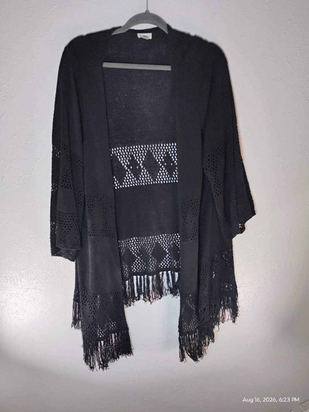 Avenue Black Crochet Tassel 3/4 Sleeve Cardigan Kimono Women's Size 26/28